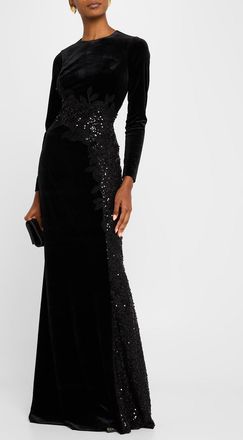 Teri Jon Floral-Embroidered Sequin Velvet Gown