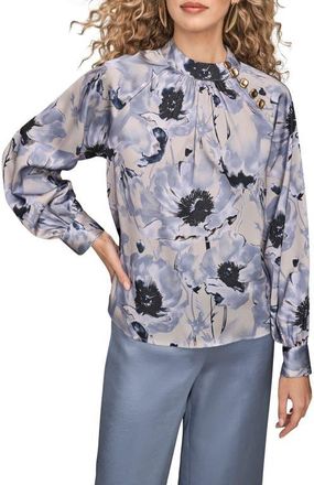 DKNY Floral Shoulder Button Long Sleeve Top in Vapor/Tempest Multi at Nordstrom, Size X-Small