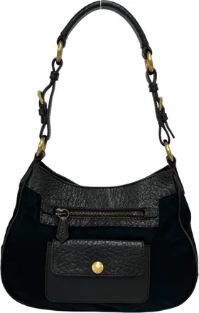 Prada Black Brown Nylon Leather Shoulder Bag Tote Bag (Pre-Owned)