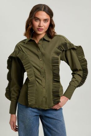 Karen Millen Womens Cotton Poplin Pleat Detail Woven Shirt - Khaki - Size 10 UK