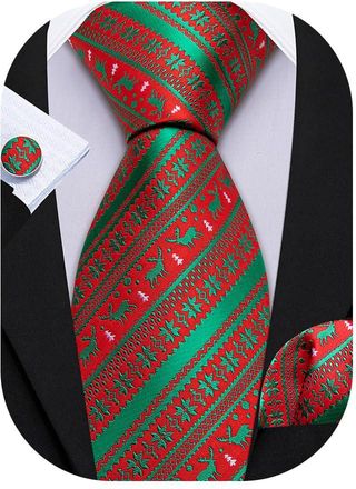 Barry.Wang Red Green Christmas Ties for Men Silk Xmas Deer Necktie Pocket Square Cufflinks Festival Party