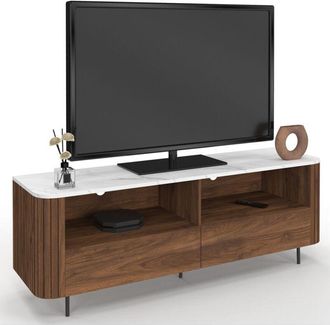 IDMarket 140 cm MARLA mobile TV effetto doghe in noce con 2 cassetti e piano in marmo bianco ALASKA