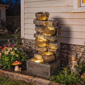 OUTSUNNY Outdoor Fountain with LED Lights, Cascading Waterfall Feature in Brown