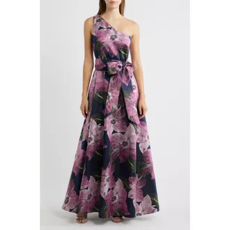 Eliza J Floral Print One-Shoulder Ballgown in Navy Multi at Nordstrom, Size 10