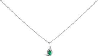 House of Brilliance 10K White Gold 5x3mm Gemstone and Diamond Accent Halo Pear Shape 18 Pendant Necklace in Green Emerald | White at Nordstrom