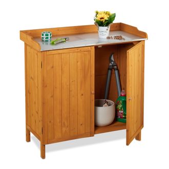 Relaxdays Mesa De Cultivo, Armario Almacenamiento Inferior, Madera, Superficie De Peltre, 94 X 94 X 47 Cm, Naranja - Relaxdays