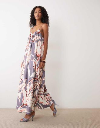 Asos Vestito lungo a trapezio con spalline sottili e stampa astratta-Multi