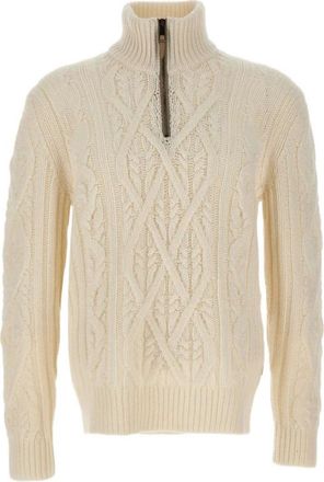 HUGO BOSS Kabelgebreide trui met rits - Heren - Coltruien - Beige - L - Wol - Truien & Vesten