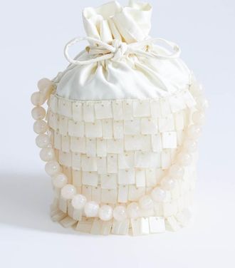 Topshop Georgie - Borsa a mano piccola a secchiello color avorio con decorazioni-Bianco