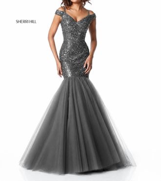 Sherri Hill Beaded Mermaid Gown In Grey