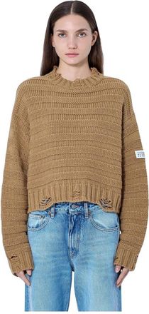 Maison Margiela Gebreide trui met ribbelstructuur - Dames - Ronde hals truien - Bruin - L - Truien & Vesten