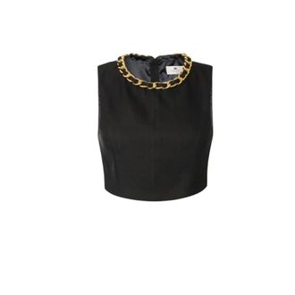 Elisabetta Franchi Sleeveless Tops, female, Black, Size: S Cropped Linen-Blend Sleeveless Top
