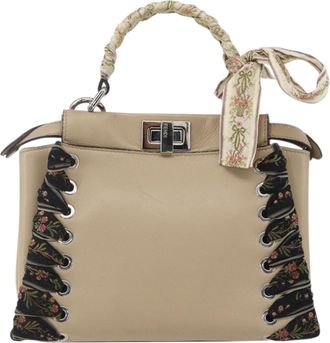 Fendi Peekaboo Bag Leather With Ribbon Whipstitch Beige Leather Handbag (Pre-Owned)