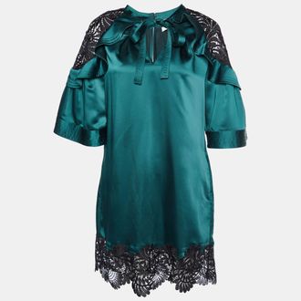 Self Portrait Dark Green Satin & Lace Shift Dress