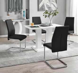 Furniturebox Imperia 4 Seater Modern White High Gloss Rectangular Dining Table & 4 Lorenzo Faux Leather Chairs in Black