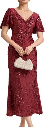 Ever-pretty Womens Sequin Evening Dresses Maxi Bodycon V-Neck Short Sleeves Burgundy 22