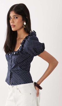 WeWoreWhat Top blu navy con bottoni e volant