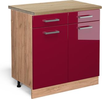 Vicco Mueble Bajo De Cocina R-line, Rojo Burdeos Alto Brillo, 80 Cm, Et Roble