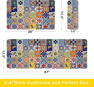 Mr.Boho Kitchen Rugs Set 2 Pieces Memory Foam Colorful Ceramic Comfort Tile Floor Mat Anti Fatigue Non-Skid PVC Runner Rug Water & Oil Proof Carpet for Kitche