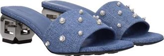 Givenchy Heeled Mules, female, Blue, Size: 6 US Fabric Sandal with Side Logo and Rhinestone Details