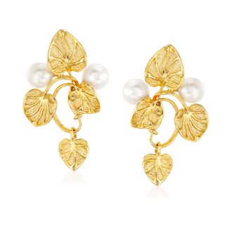 Ross-Simons Italian 6mm Cultured Pearl Vine Drop Earrings in 18kt Gold Over Sterling