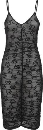 Philipp Plein Tulle Midi Jurk Monogram - Dames - Feestkleedjes - Zwart - XL - Polyester - Kleedjes