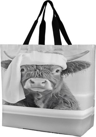 Generic Funny Highland Cow Bath Reusable Shopping Bags Large Capacity Grocery Bag Heavy Duty Tote for Women 40x40x16cm