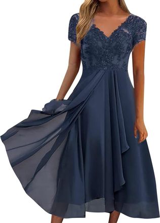 Generic Mother of The Bride Dresses UK Only Womens Lace Formal Party Dresses Flutter Short Sleeve Wedding Dresses Long Evening Gowns for Wedding Guest Bridesm