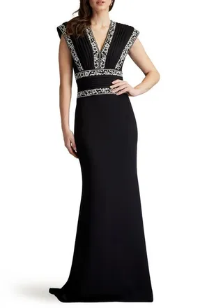 Tadashi Shoji Embroidered Trim V-Neck Gown in Black/ivory at Nordstrom, Size 12