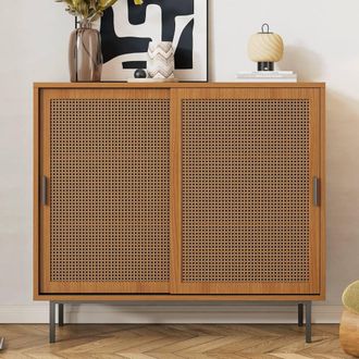 Matteo Walnut Rattan Sliding Barn Door Sideboard - Vintage Storage Cabinet