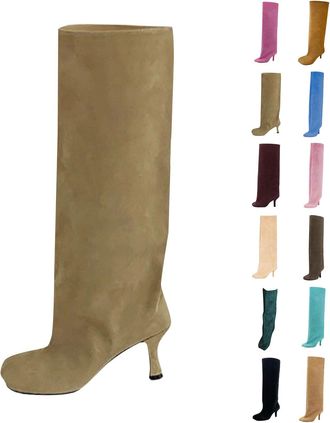 Generic Suede Knee High Boots for Women Wide Calf Square Toe Stiletto Heels Tall Boots Ladies Fall Winter Slouchy Pull On High Heel Dress Long Booties for Par