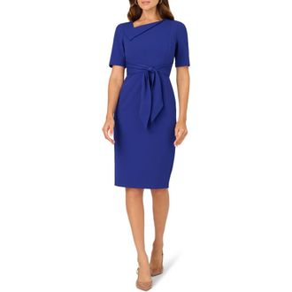 Adrianna Papell Asymmetric Collar Tie Waist Crepe Sheath Dress in Royal Sapphire at Nordstrom, Size 12