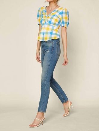 Skies Are Blue Clothing Gingham Peplum Blouse In Yellow, Blue And White
