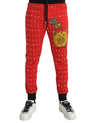 Dolce & Gabbana Mens Red Crystal Joggers Piggy Bank Print Cotton - Size EU 48 (Mens)