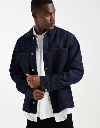Asos Camicia a maniche lunghe in denim grezzo indaco con cuciture rosse a contrasto-Blu