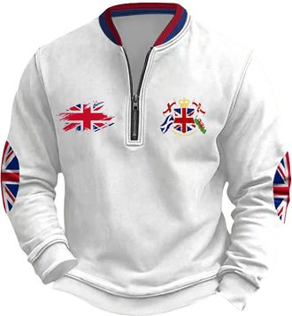 Generic Mens Union Jack Sweatshirt 1/4 Zip Long Sleeve Jumpers Bunting Flags Print Great Britain Pullover Winter Warm Tops Plus Size (B2-White, XL)