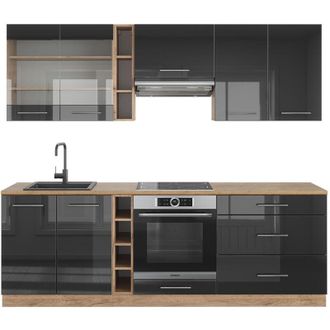 Vicco Cucina componibile Fame-Line, Antracite lucido/oro power oak, 235 cm senza piano di lavoro