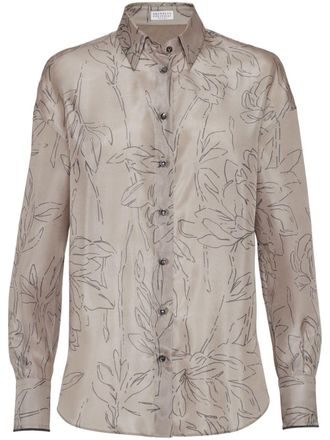 Brunello Cucinelli Blouse met bladerprint - Bruin