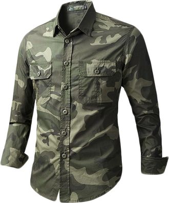 Generic Cotton Shirts for Men UK Long Sleeve Camo Cargo Tops Plus Size Button Down Lapel Shirts Camping Fishing Outdoor Tops with Pockets Casual Camouflage Wo