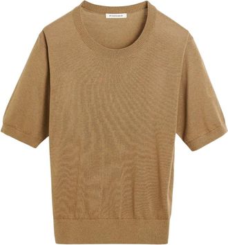 By Malene Birger Lichtbruin T-shirt met Monogram Detail - Dames - Ronde hals truien - Bruin - L - Wol - Truien & Vesten