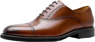 Generic Oxford Formal Shoes for Men Lace Up Plain Burnished Cap Toe Calfskin Block Heel Slip Resistant Anti-Slip Rubber Sole Non Slip Prom(Brown,7.5 UK)