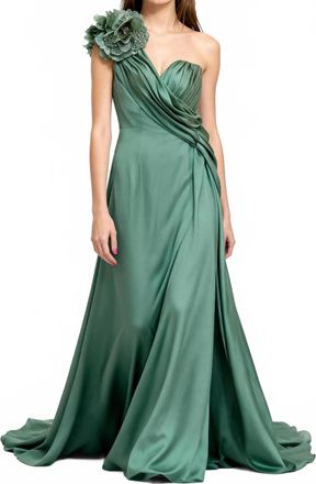 YSA MAKINO Floral Accent One-Shoulder Evening Gown In Green