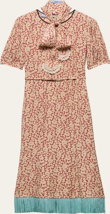 Prada Sable Floral Midi Dress with Scarf Tie
