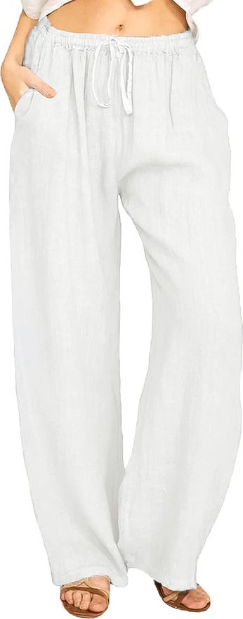Feoya Womens Casual Wide Leg Trousers Cotton Linen Palazzo Pants Elastic Drawstring Trousers High Waist Loose Bottoms with Pockets Plus Size White M from 25.79 on Stylight