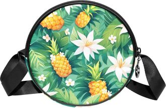 Generic Circle Crossbody Bag for Women, Tropical Pineapple Small Sling Bag Daypack with Zipper Adjustable Shoulder Straps Casual Ladies Girls Round Purse
