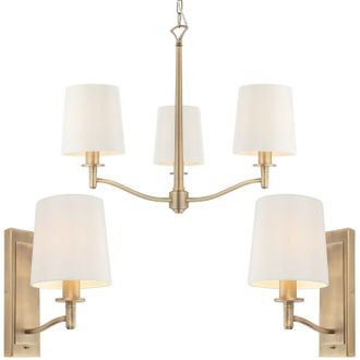 Loops 3 Bulb Ceiling Pendant Lamp & 2x Matching Wall Light Matt Antique Brass & Shade in Metallics