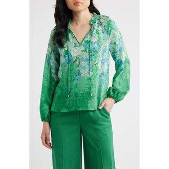 Tahari by ASL Floral Ruffle Balloon Sleeve Chiffon Top in Green Blue at Nordstrom, Size X-Large