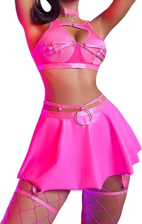 Generic Women Lingerie Set - Sexy Lingerie for Women Sexy Wet Look Leather Babydoll Bodysuit Sexy Nightwear Bodysuit Halter Deep V One Piece Leather Mini Ling