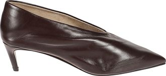 Khaite Pointed-Toe Brown Leather Pump with Low Kitten Heel