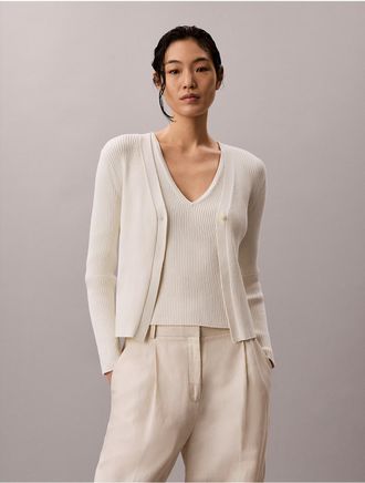 Calvin Klein Womens Cotton Rib Cardigan and Tank Set - Neutral - XL